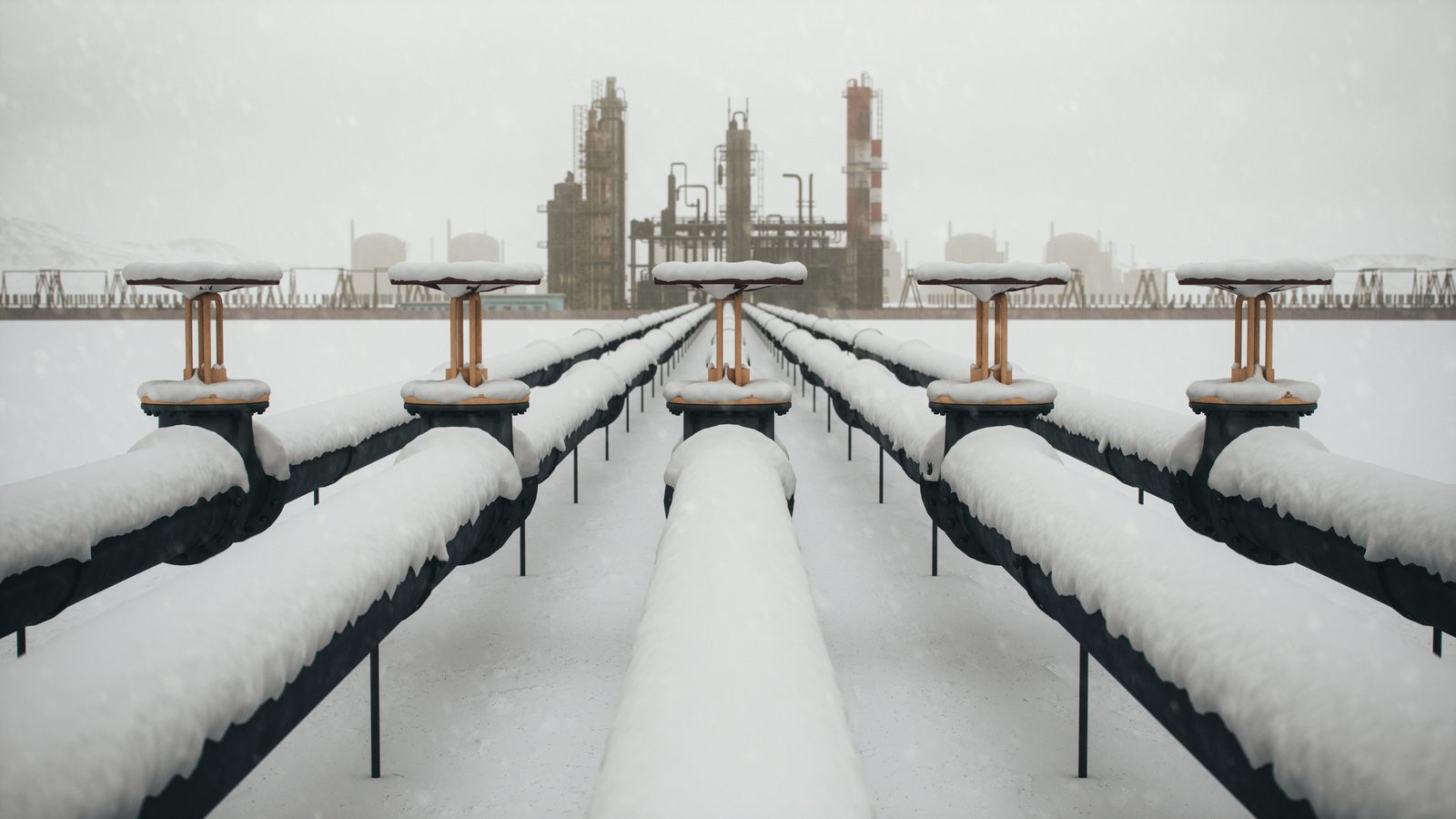 Snow-covered process pipework and heat-traced lines at a cold-climate oil and gas plant — Ex winterization